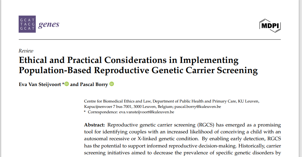 Eva van Steijvoort and Pascal Borry, Screenshot of the abstract for the article "Ethical and practical considerations in implementing population-based reproductive genetic carrier screening